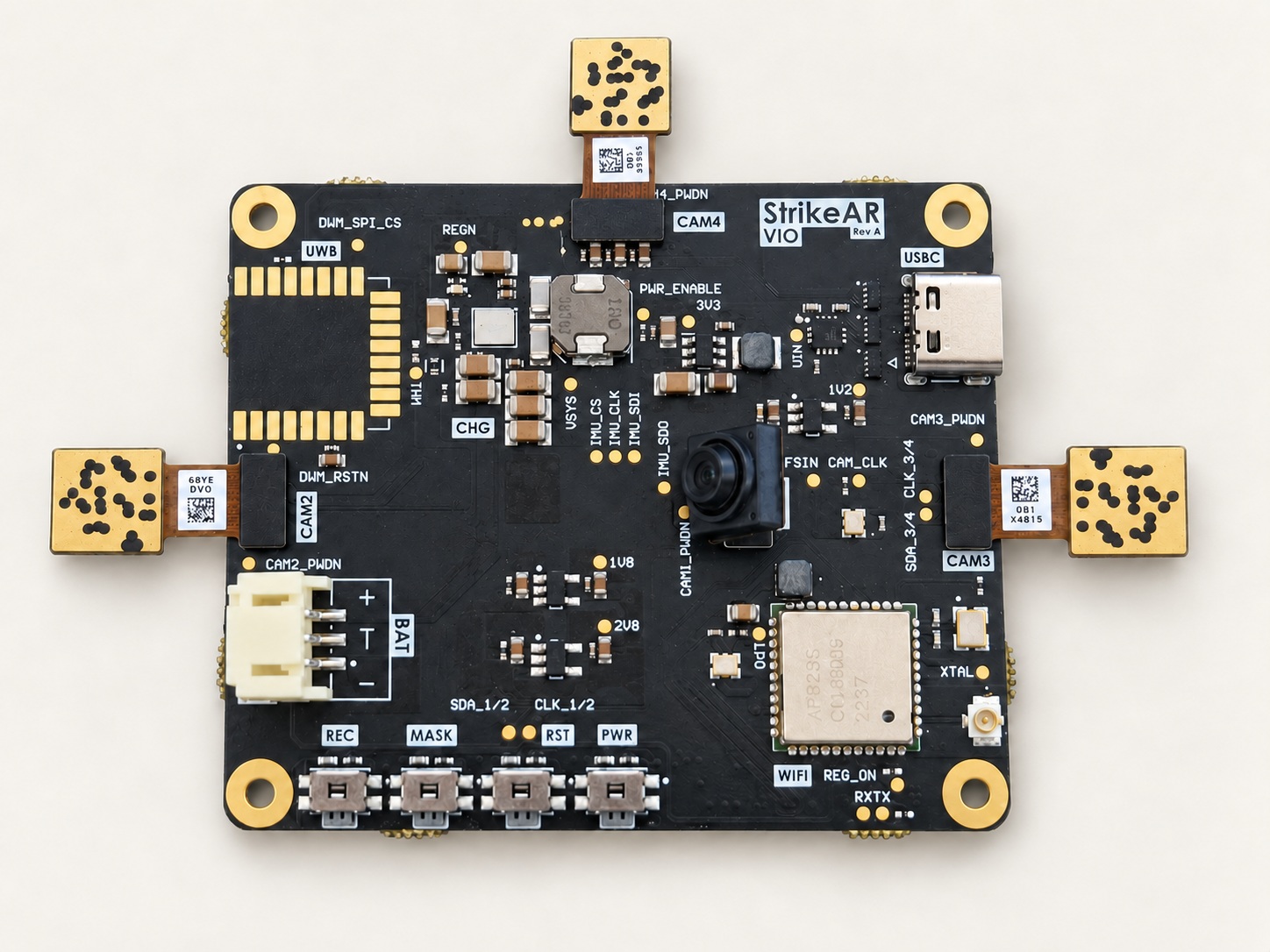 Top view of the six-layer CM3588 carrier PCB with attached camera modules.